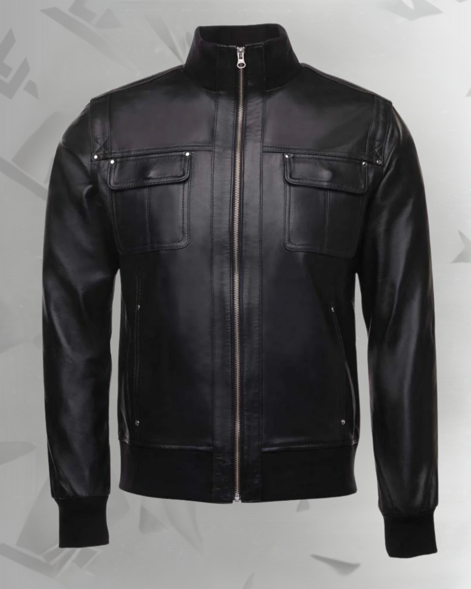 Black leather jacket with straight ribbed collar