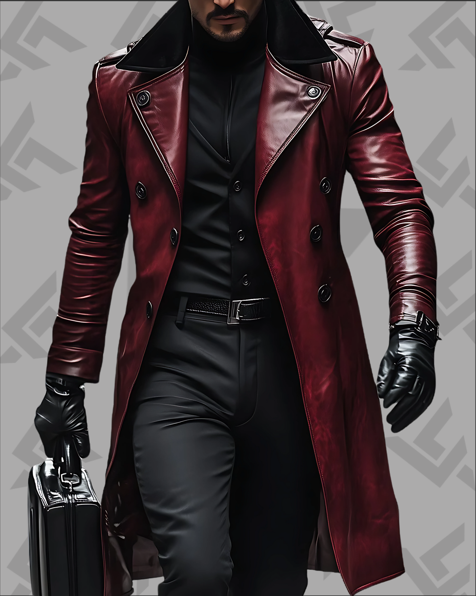 Vintage Contrast Lapel Double-breasted Leather Coat