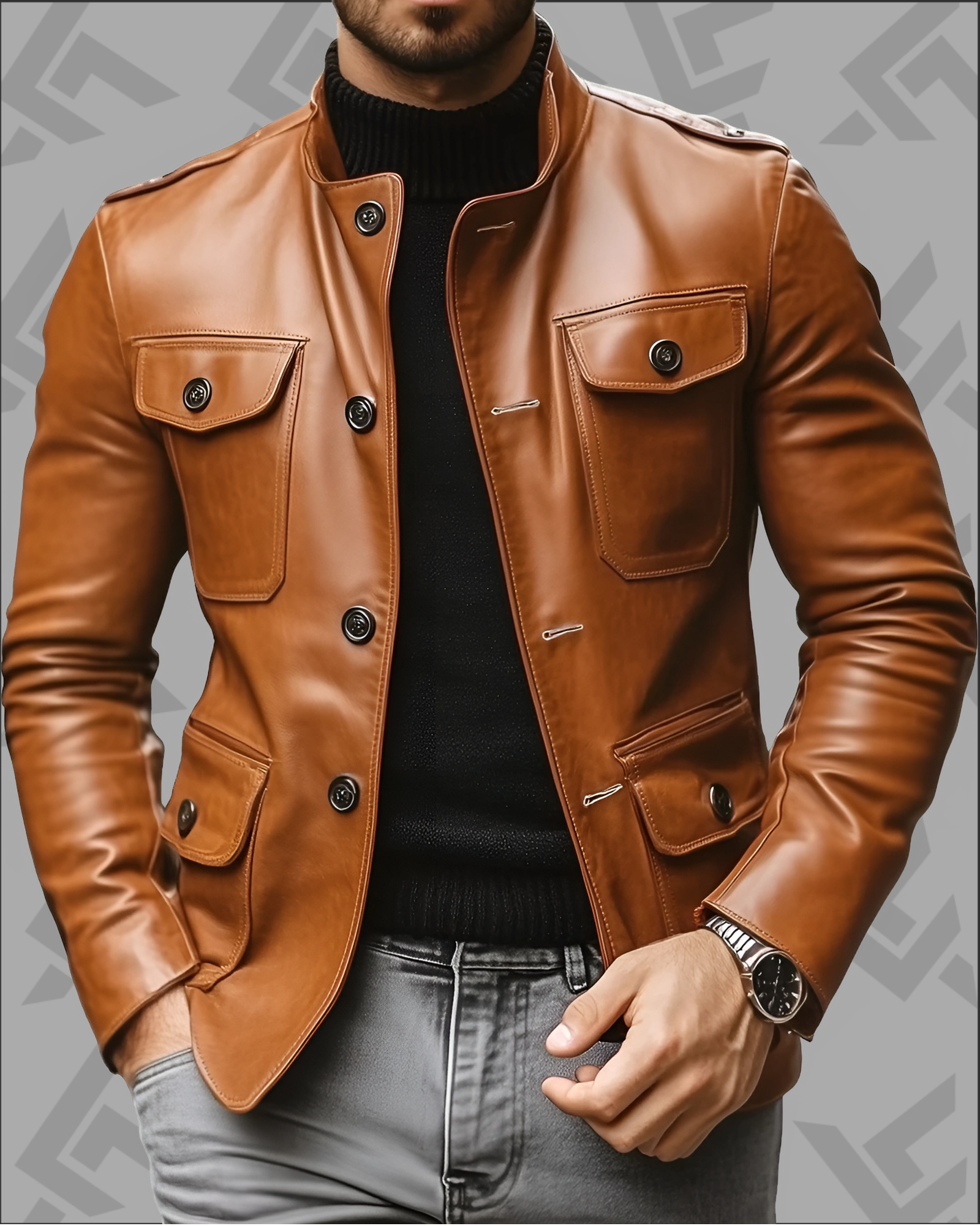 Casual Fashion Leather Stand Collar Single Breasted Jacket