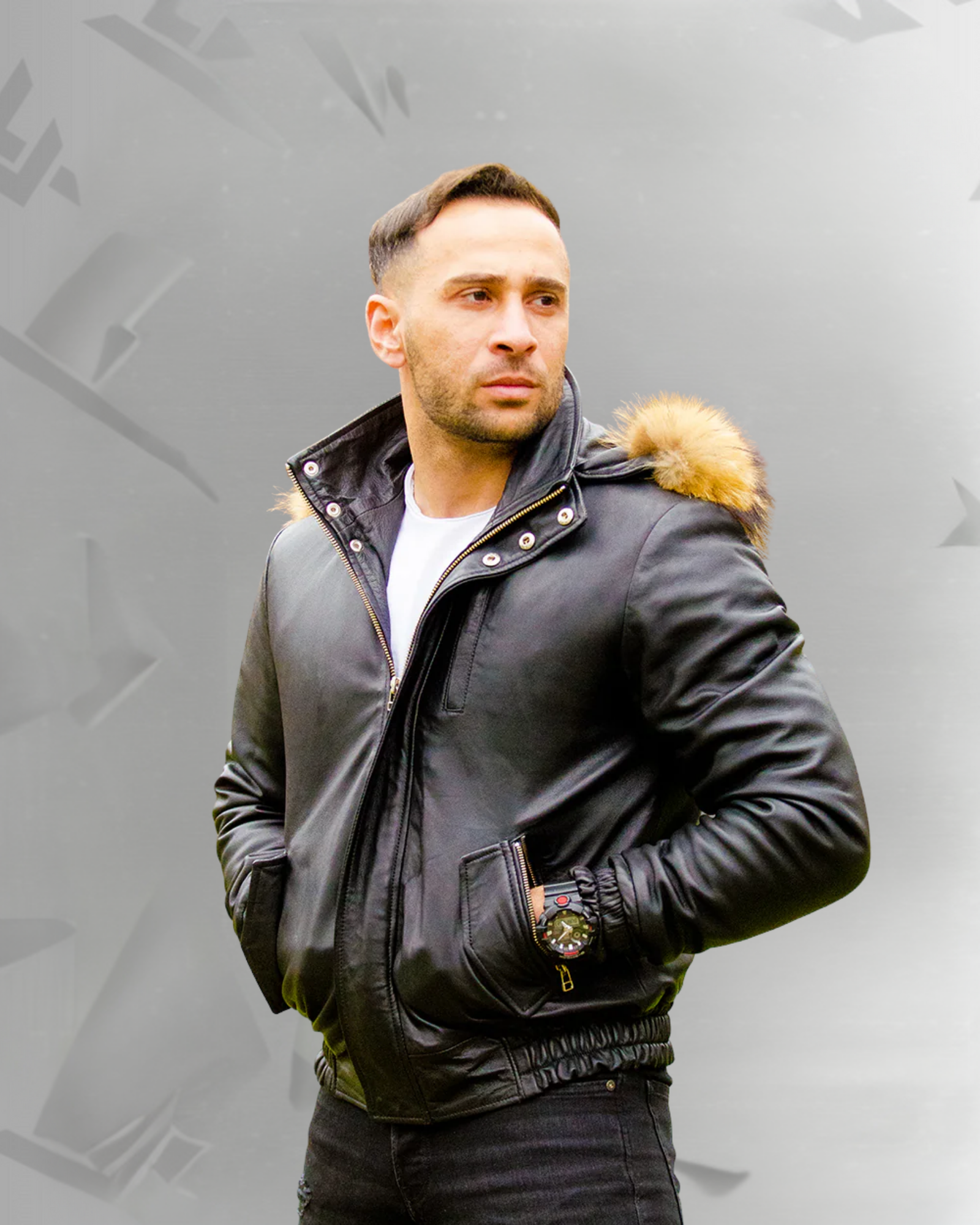 Castillos bomber Winter Leather Jacket with Real fox fur hoodie