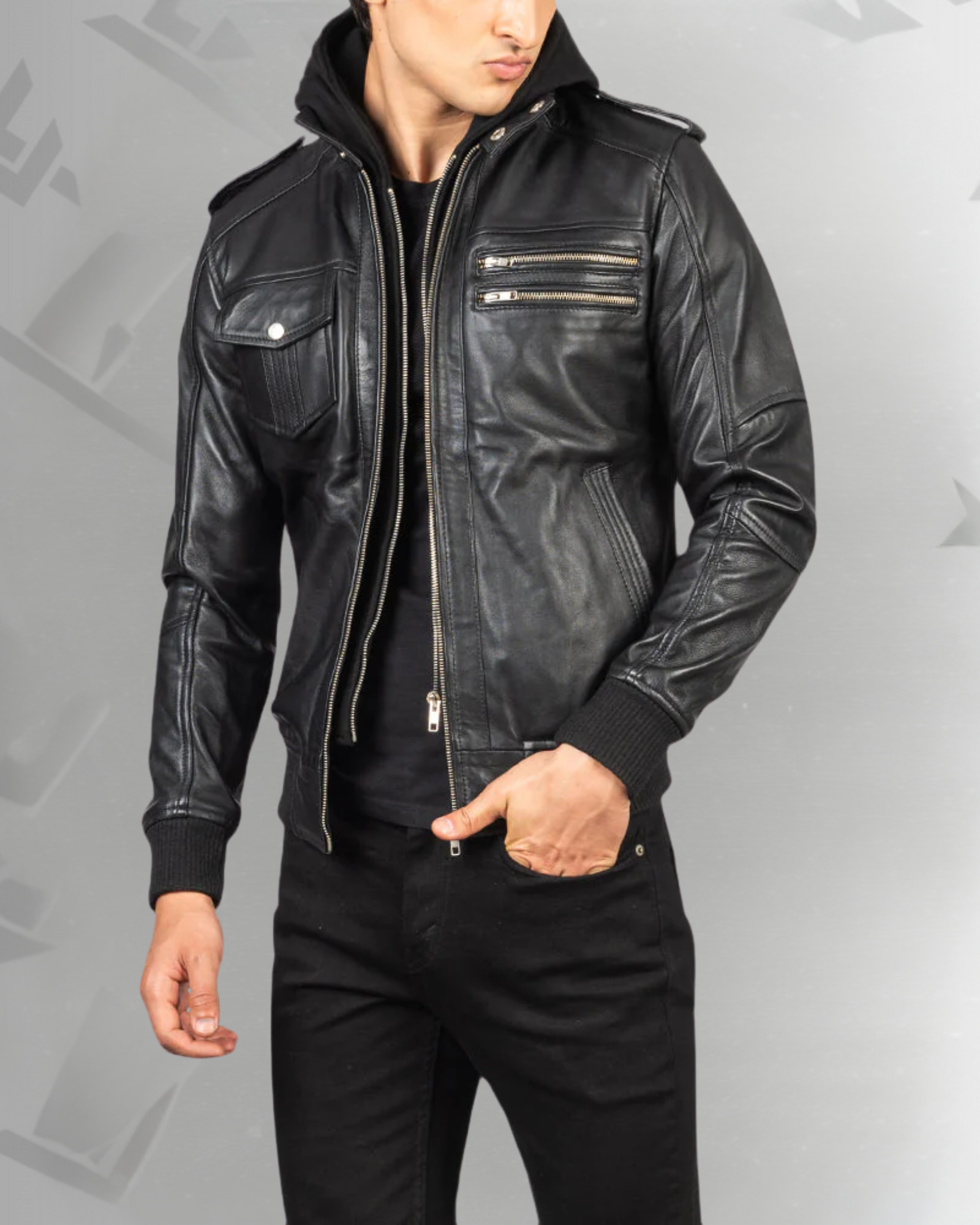 Bravado Black Hooded Leather Bomber Jacket