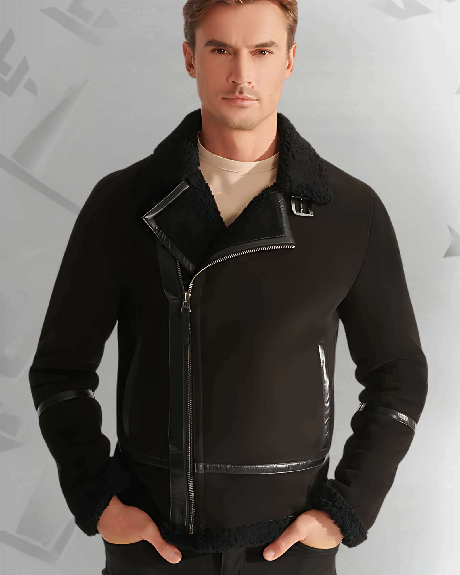 Men Black Pilot Sheepskin Shearling Leather Aviator Jacket