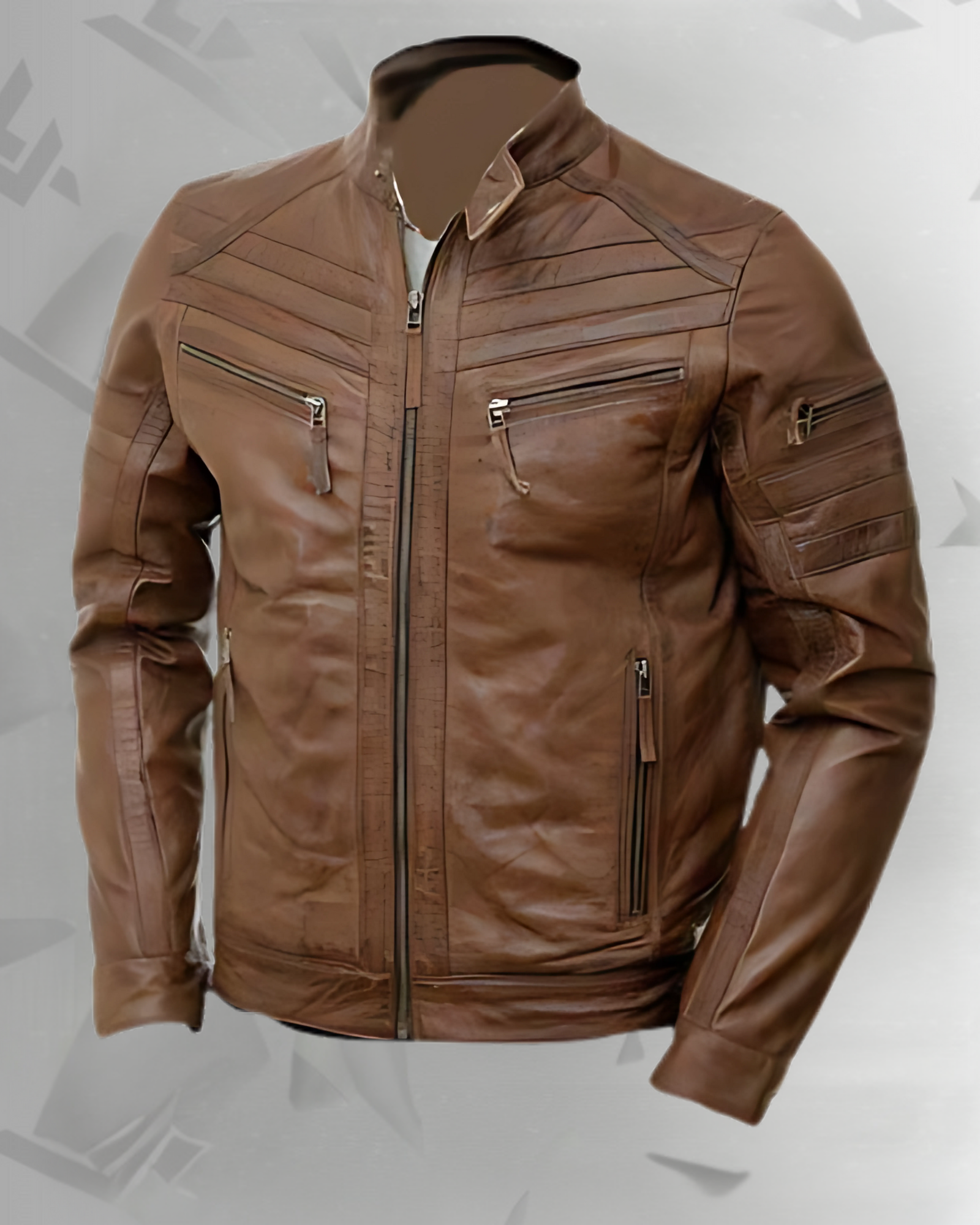 Brown moto style jacket with patterns