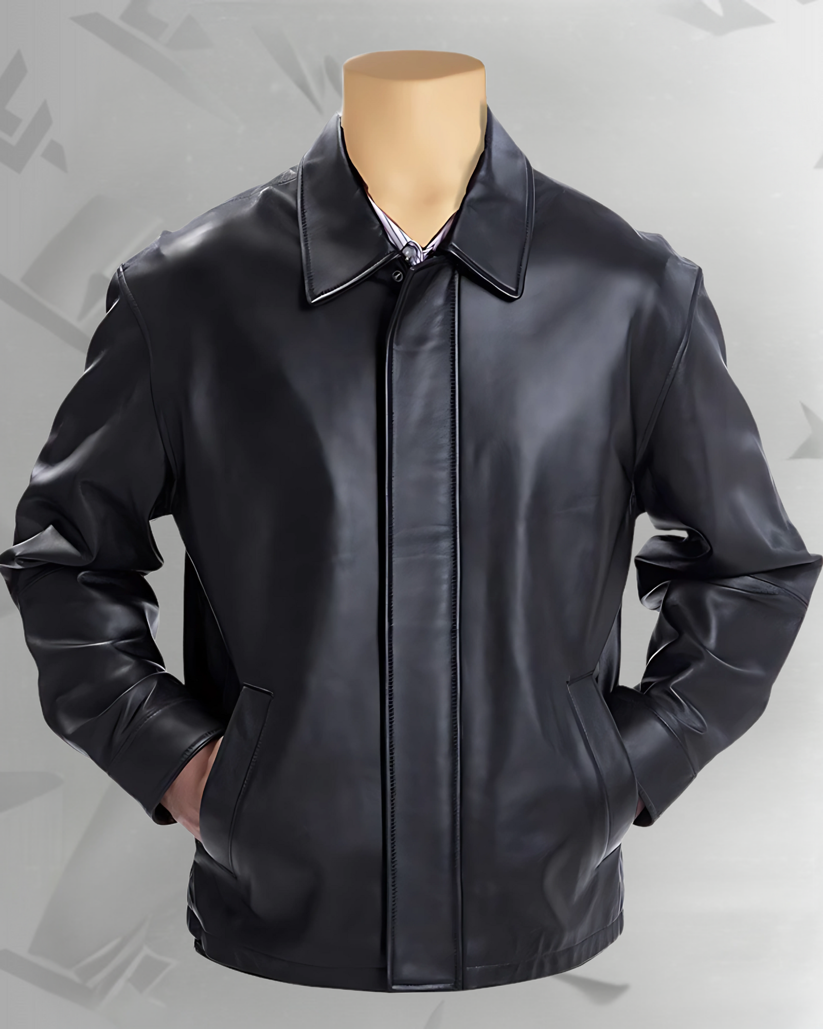 Plain black classic leather jacket with collars 1 Plain black classic leather jacket with collars