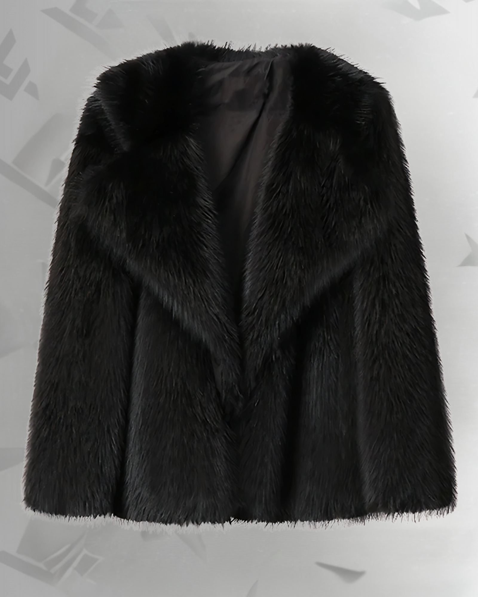 Black Notched Lapel Long Sleeves Faux Fur Short Coat