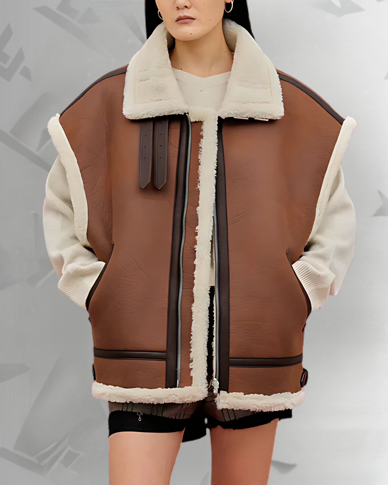 Brown Women Sheepskin Shearling Aviator Leather Vest