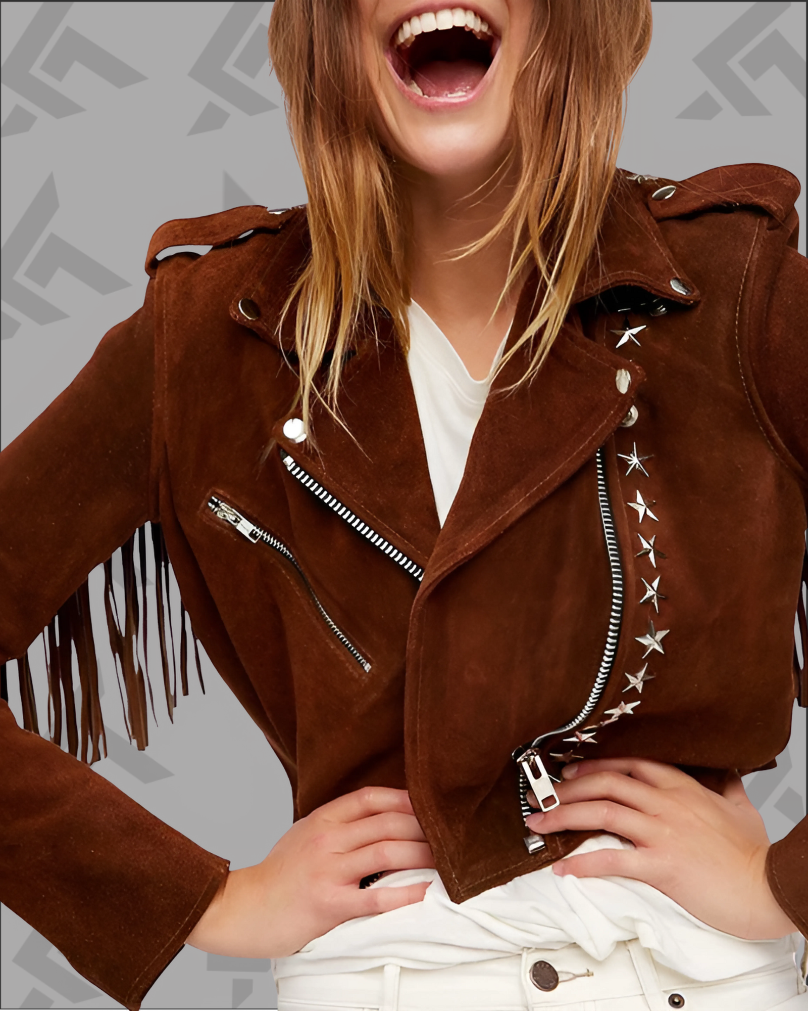 Nora Brown Studded Suede Leather Jacket Fringes