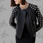 Black Studded Leather Jacket for Women | Silver Spikes|