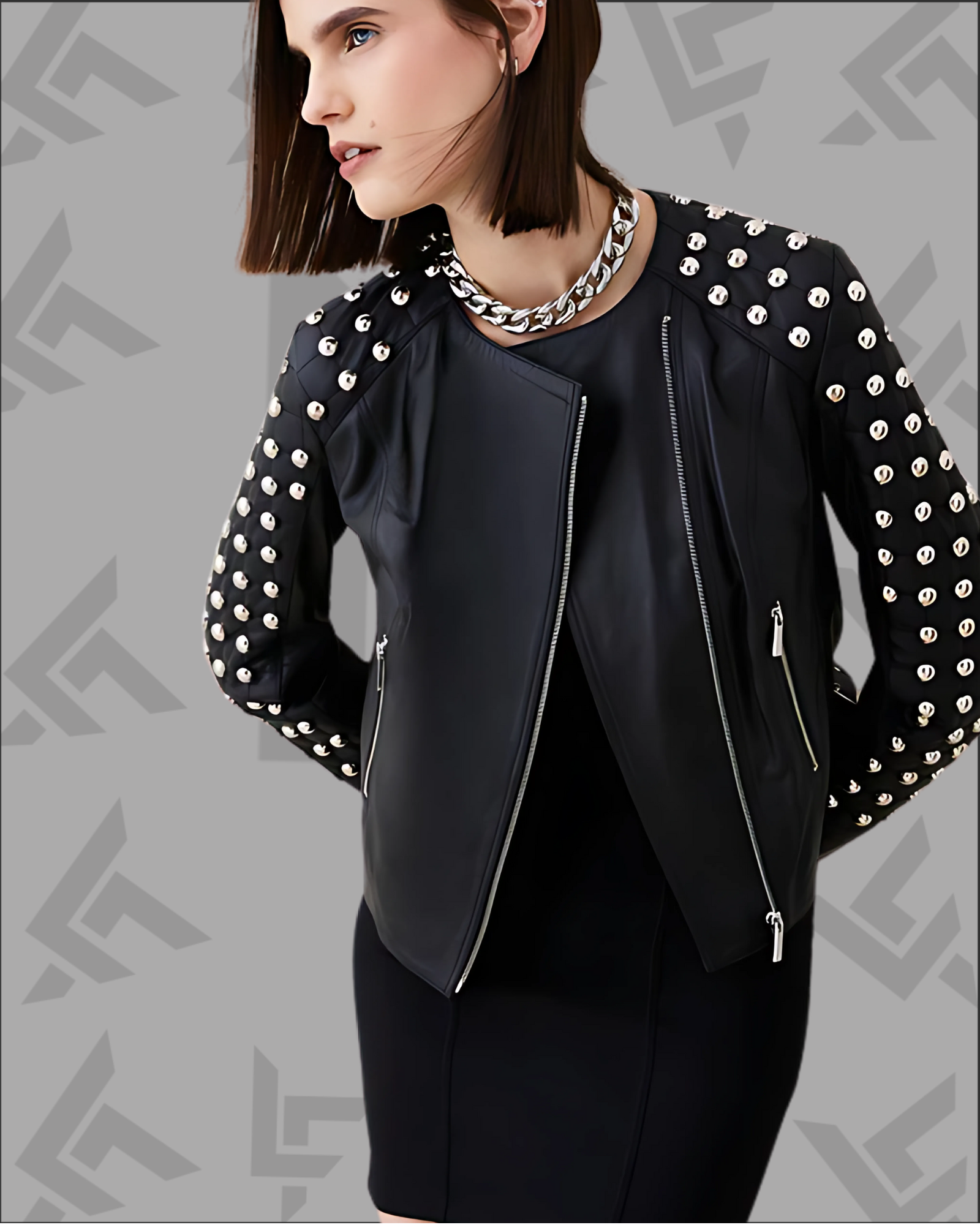 Black Studded Leather Jacket for Women | Silver Spikes