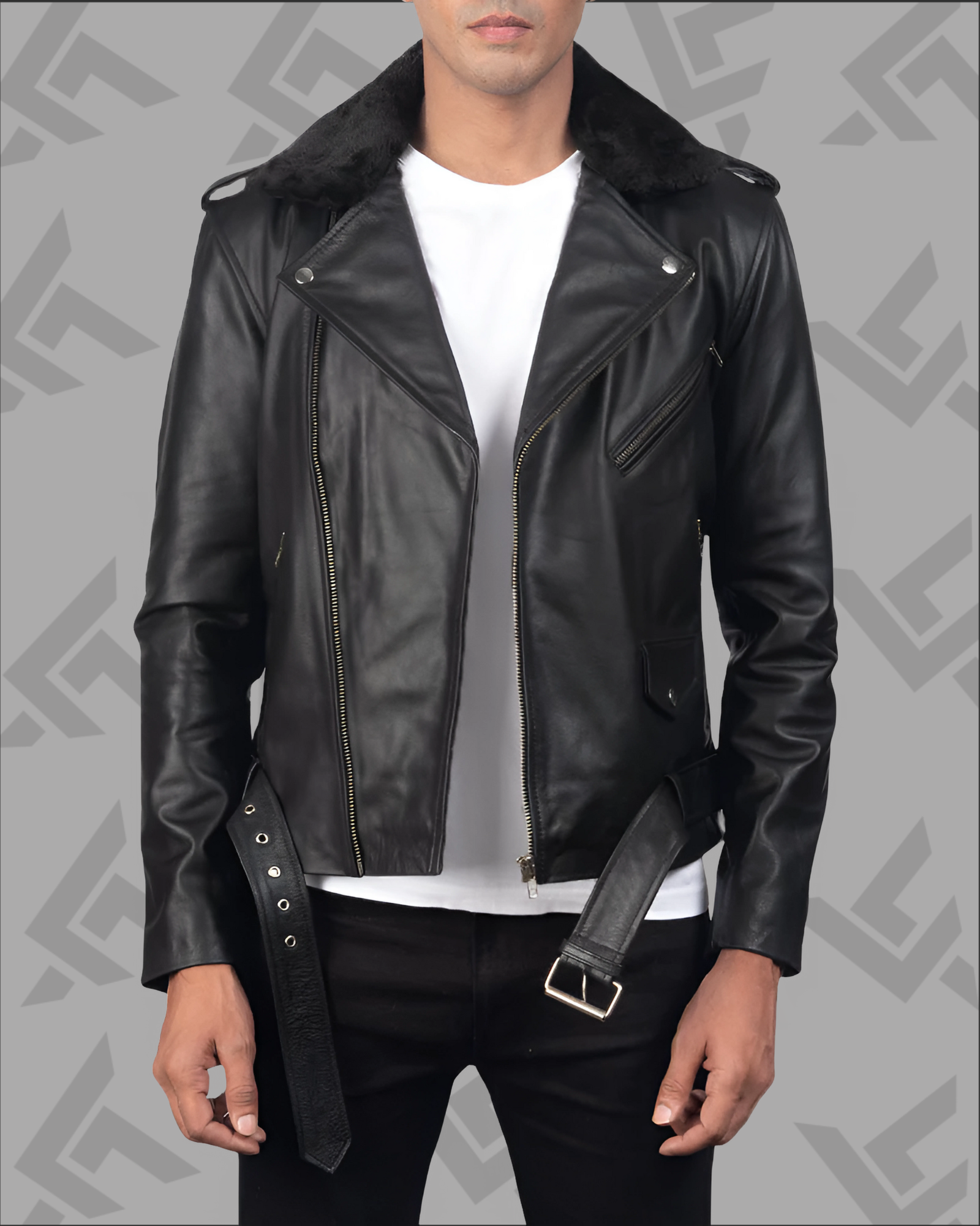 Furton Black Leather Biker Jacket