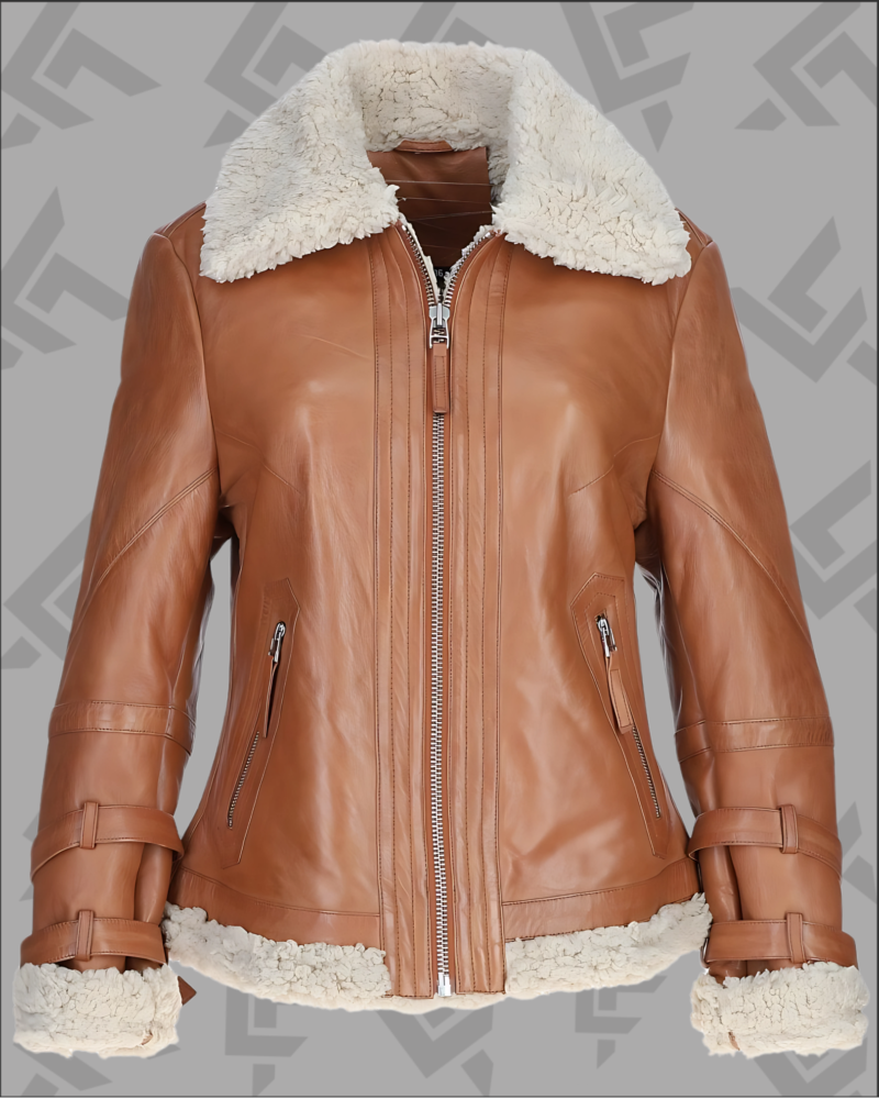 Ladies Sheepskin Aviator Jacket with Faux Fur Lining Cognac