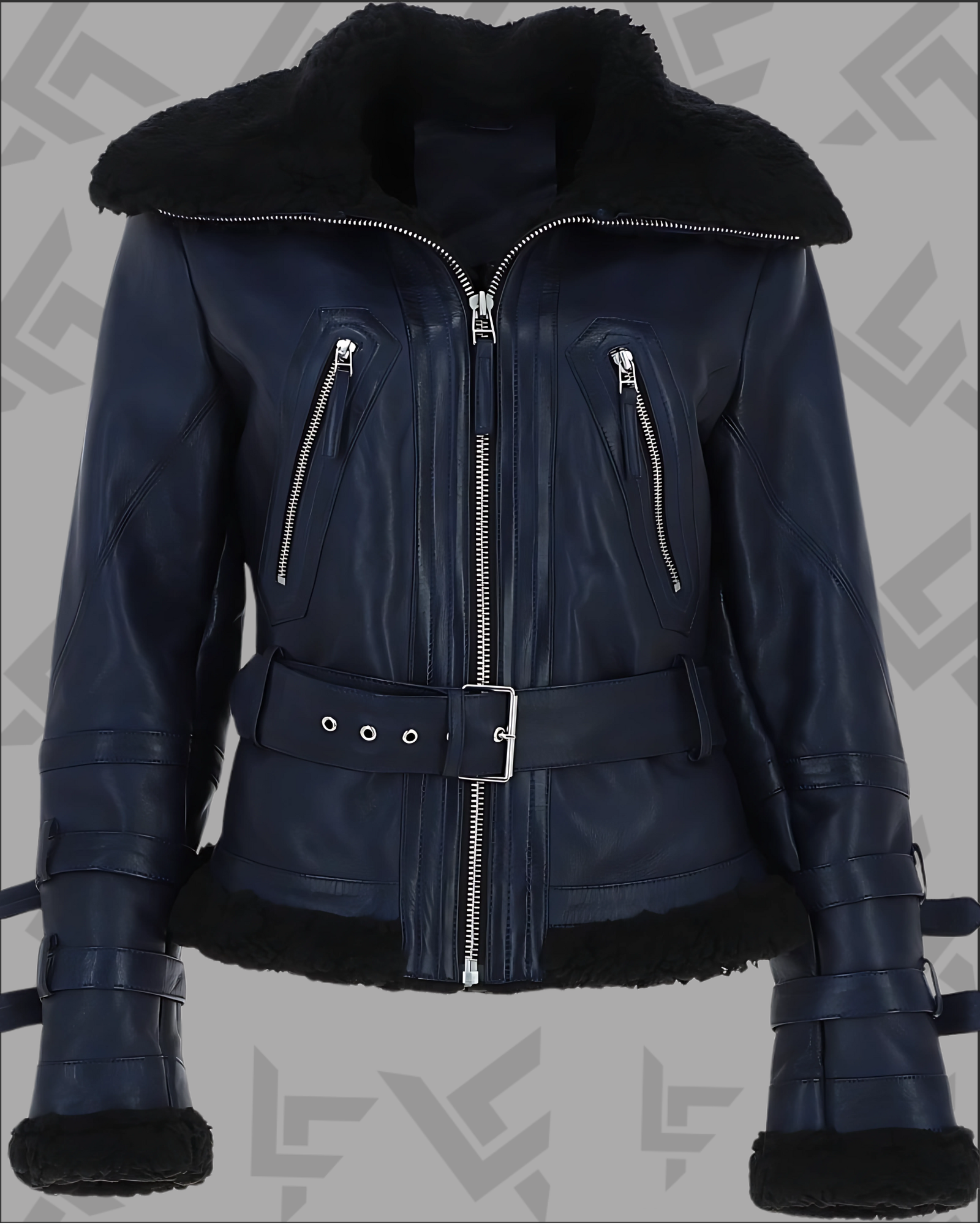 Women’s Blue & Black Aviator Biker Leather Jacket