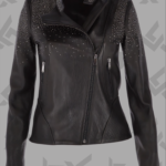 Black Studded Leather Biker Jacket for Women | Tanned Finish|