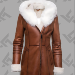 Ayva women’s tan shearling leather coat with fox fur hood
