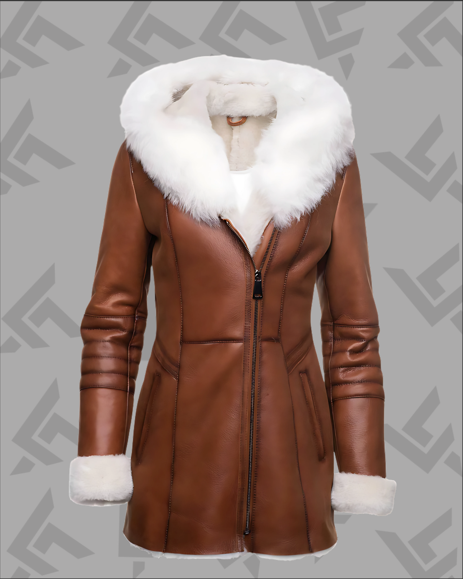 Ayva women’s tan shearling leather coat with fox fur hood