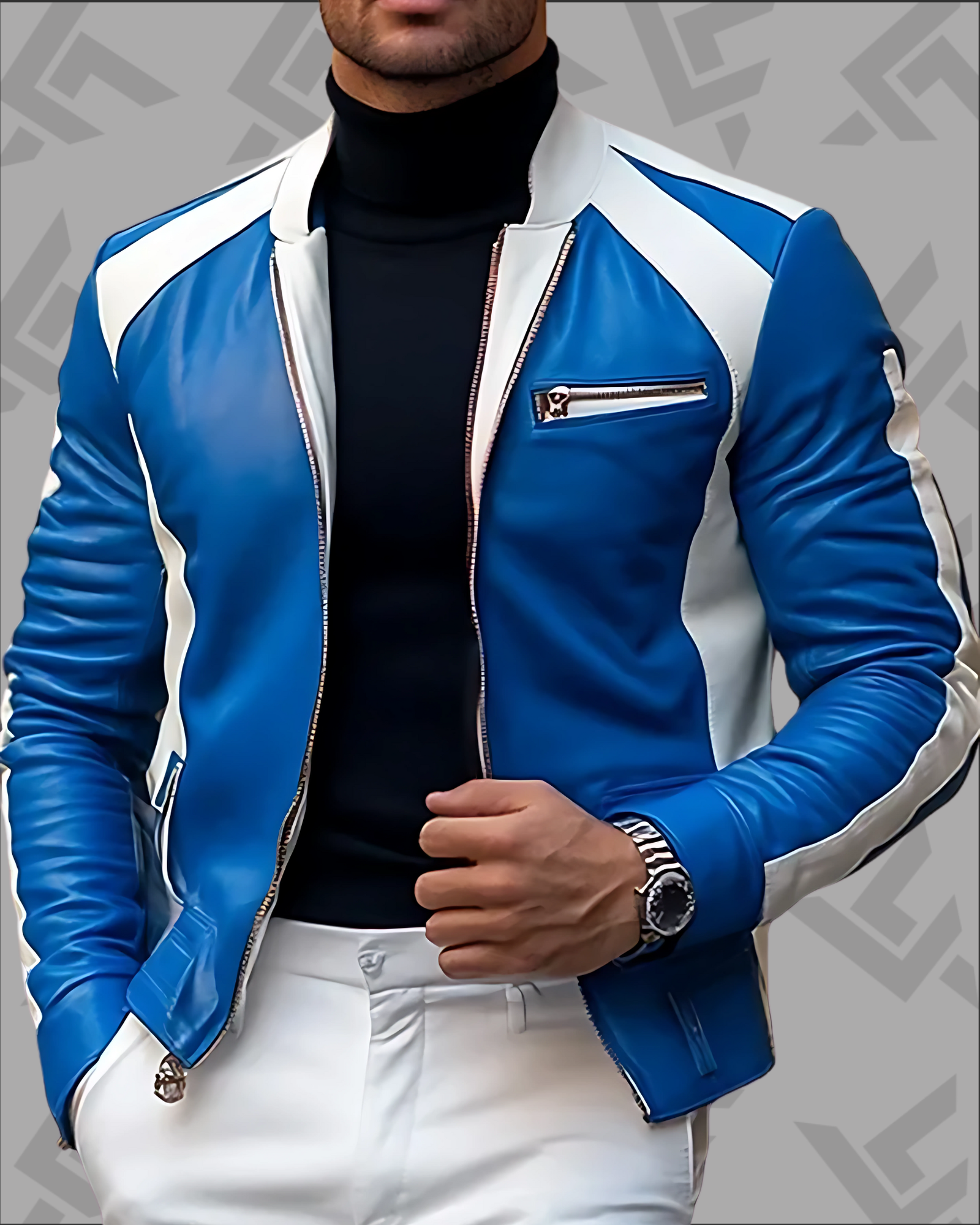 Casual Leather Contrast Color Stand Collar Zipper Motorcycle Jacket|