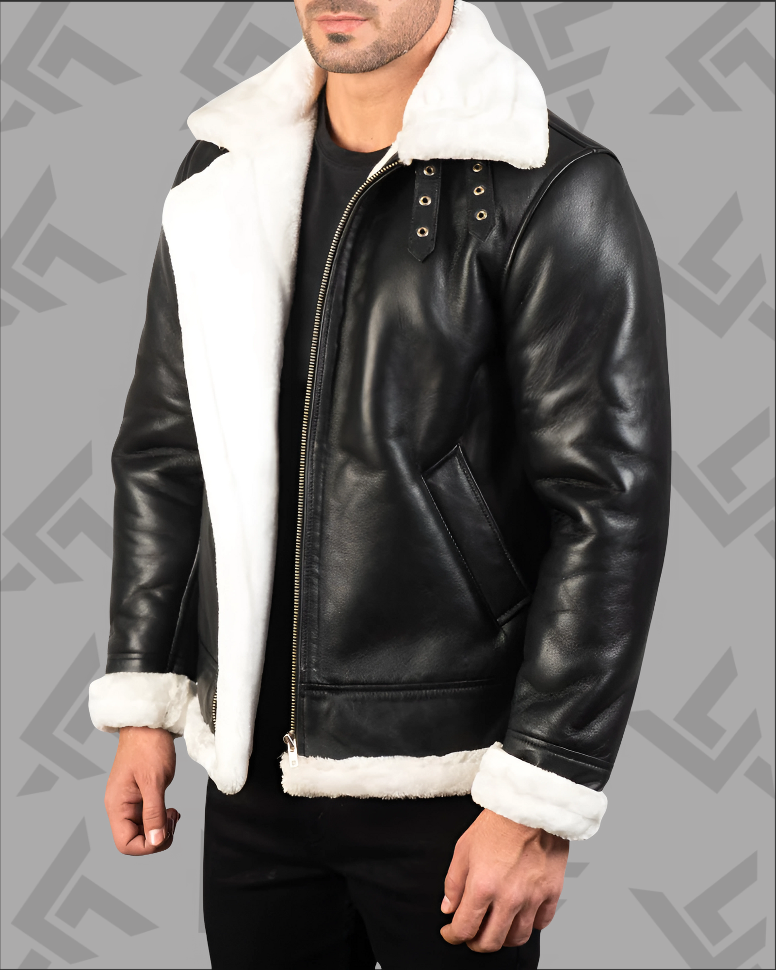 2 Francis B-3 Black & White Leather Bomber Jacket|