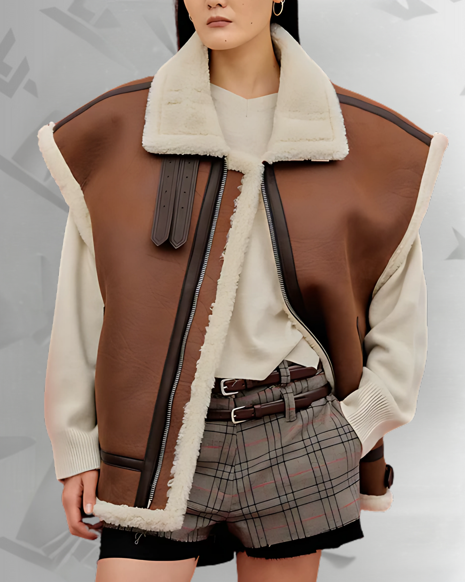 Brown Women Sheepskin Shearling Aviator Leather Vest|
