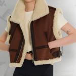 Women Sheepskin Brown Shearling AviatorLeather Vest|
