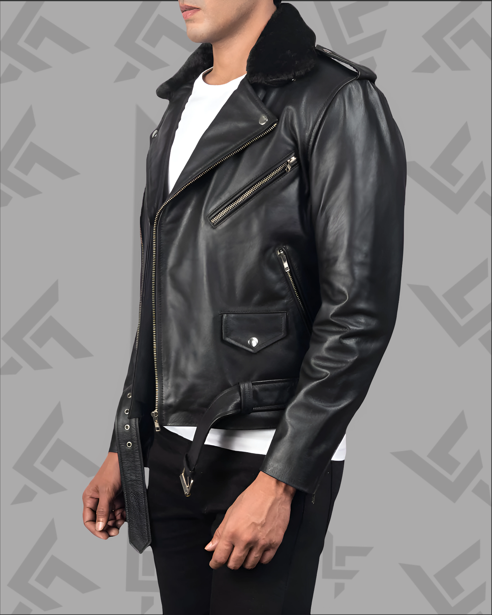Furton Black Leather Biker Jacket|