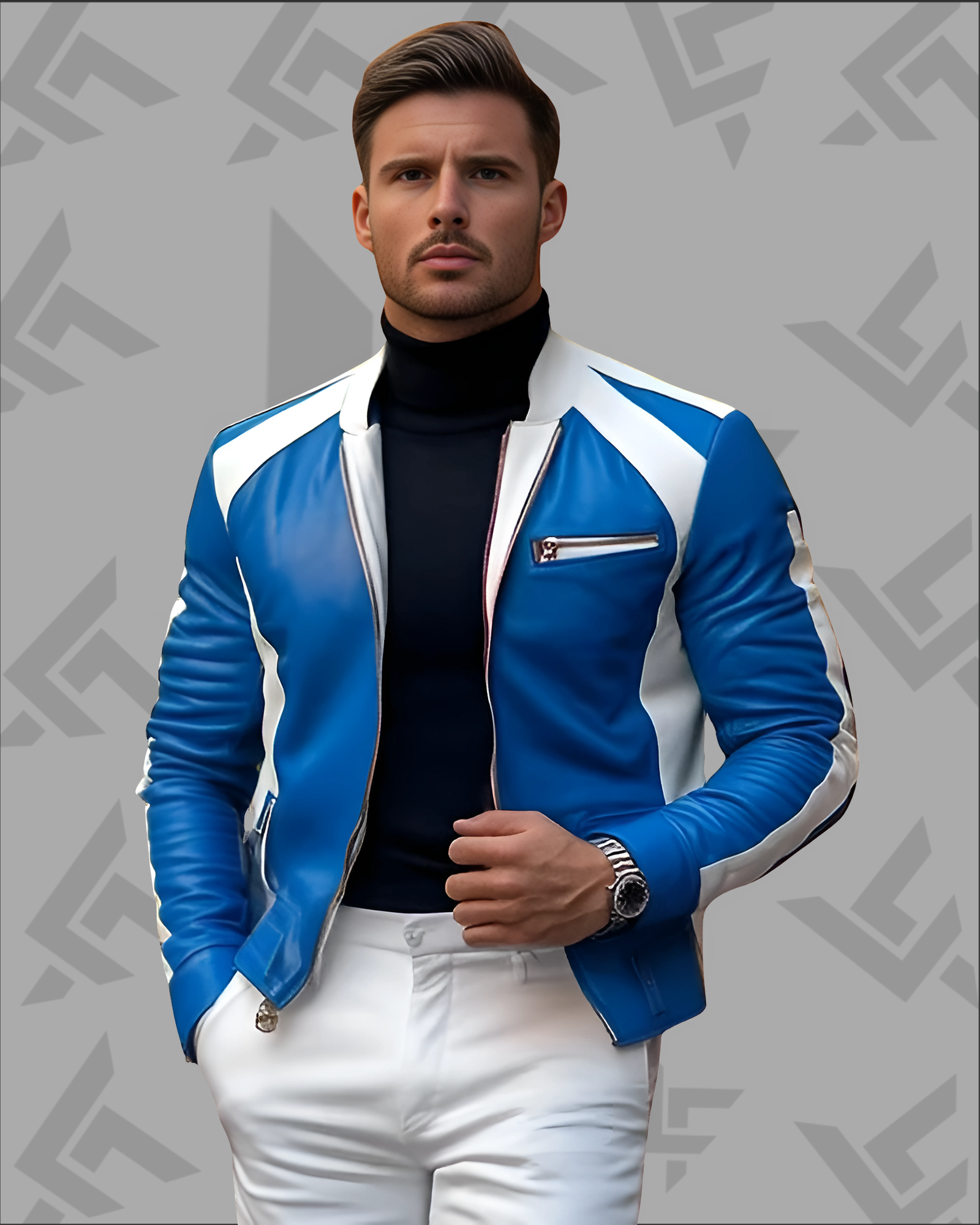 Casual Leather Contrast Color Stand Collar Zipper Motorcycle Jacket