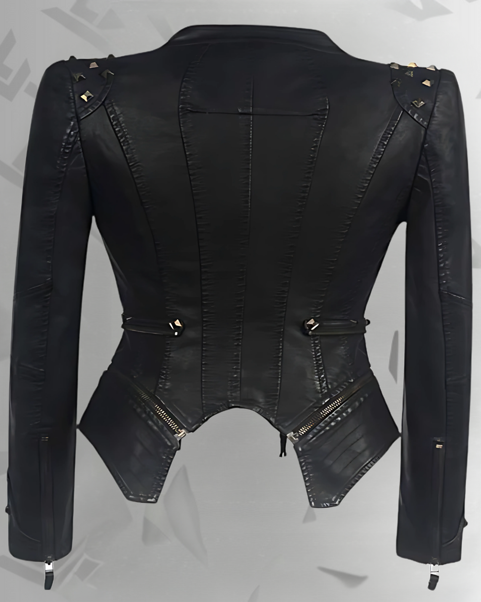Women's black motorcycle jacket with zipper details|