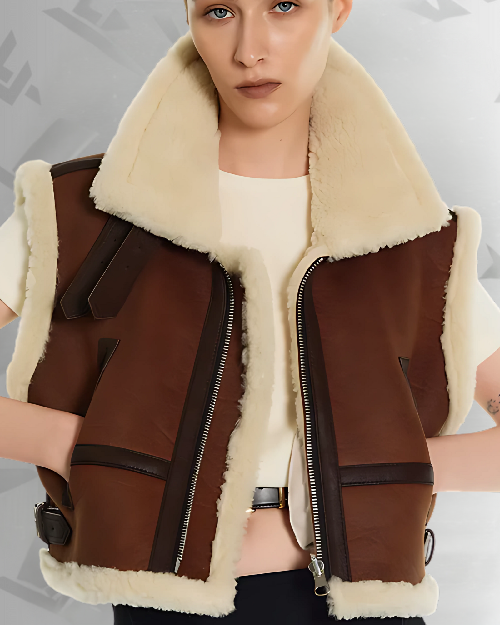 Women Sheepskin Brown Shearling AviatorLeather Vest|