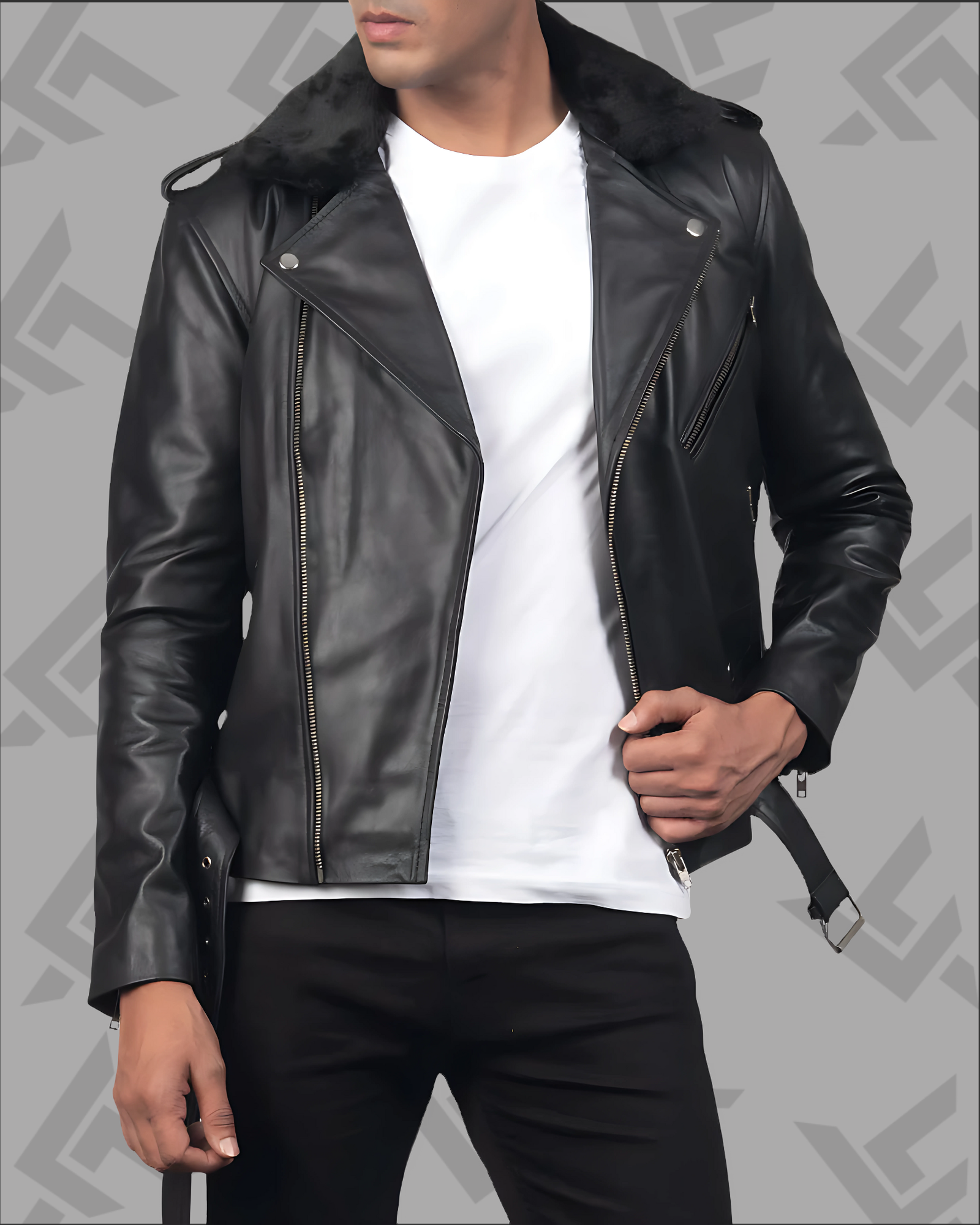 Furton Black Leather Biker Jacket|