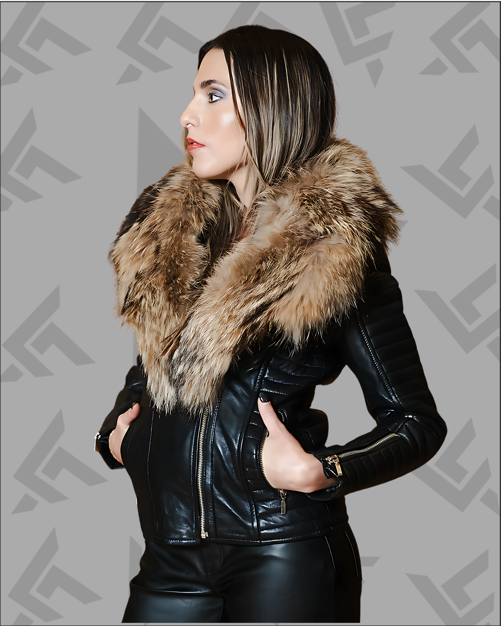 Celeste Women’s Lambskin Leather Jacket with Fur Shawl Collar|